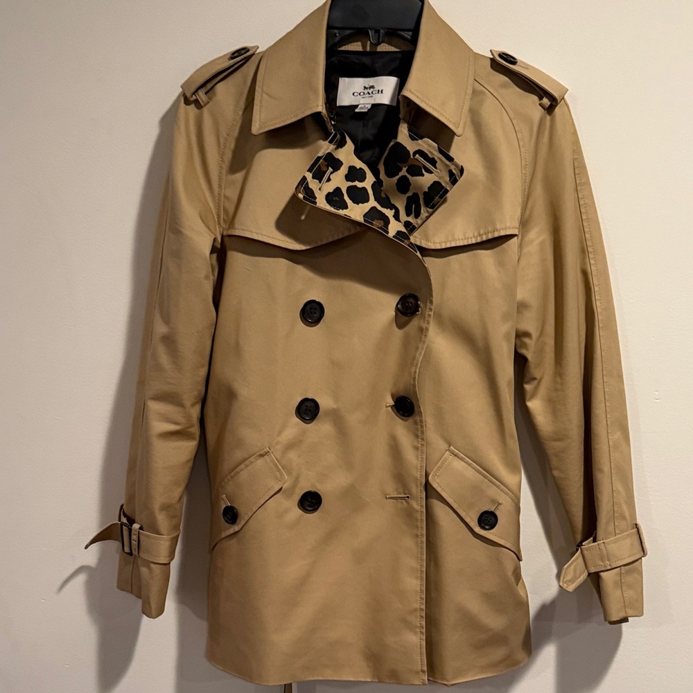Coach Camel Double-Breasted Trench Coat with Leopard Lining